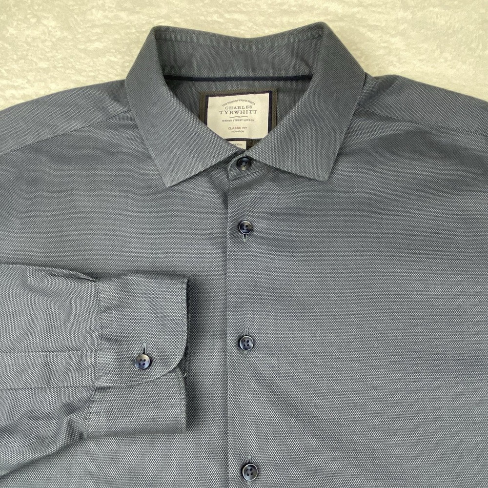 Charles Tyrwhitt Dress Shirt Mens 18-35 Blue Micro-Weave Classic Fit No Iron
